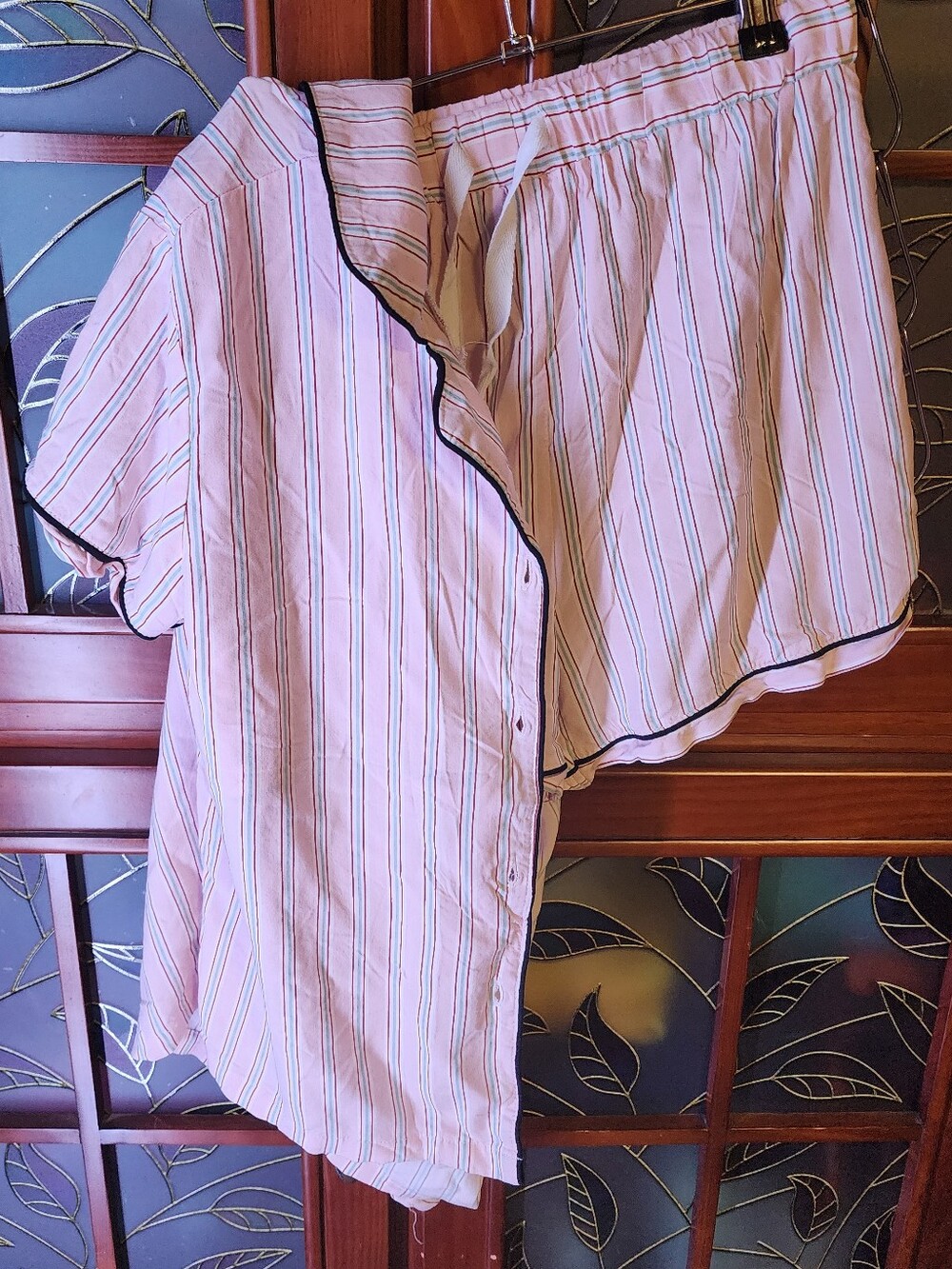 Demdaco Pink and Black Trim Short Sleeve Button-Down Shirt & Shorts Pajama Set